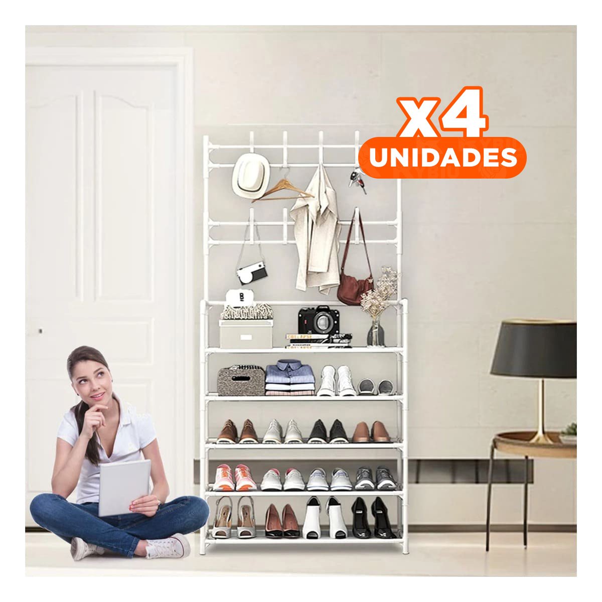 PACK4 ESTANTERIA ZAPATERO ORGANIZADOR CON PERCHEROS RECTO BLANCO PARA CASA Y+REGALO STICKER - 1