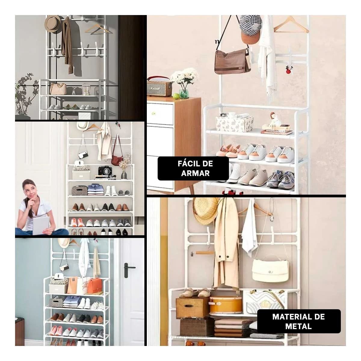 PACK4 ESTANTERIA ZAPATERO ORGANIZADOR CON PERCHEROS RECTO BLANCO PARA CASA Y+REGALO STICKER - 2