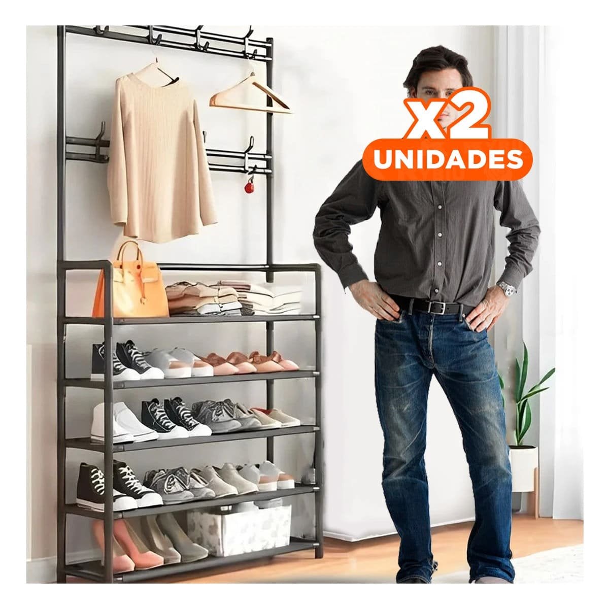 PACK2 GABINETE ORGANIZADOR CON PERCHEROS RECTO COLOR NEGRO PARA ESPACIOS DEL HOGAR - 1