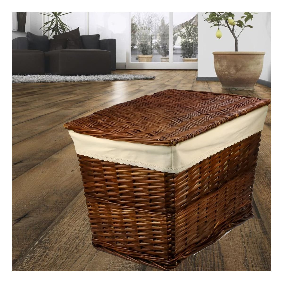 ORGANIZADOR DE MIMBRE RECTANGULAR CON FORRO INTERIOR Y TAPA PARA HOGAR MARRON Y+POST IT - 1