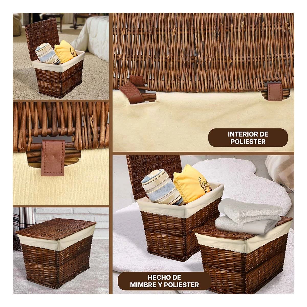 ORGANIZADOR DE MIMBRE RECTANGULAR CON FORRO INTERIOR Y TAPA PARA HOGAR MARRON Y+POST IT - 2
