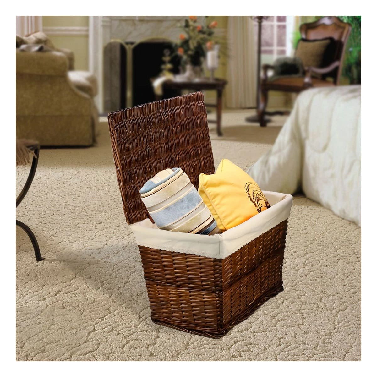 ORGANIZADOR DE MIMBRE RECTANGULAR CON FORRO INTERIOR Y TAPA PARA HOGAR MARRON Y+POST IT - 3