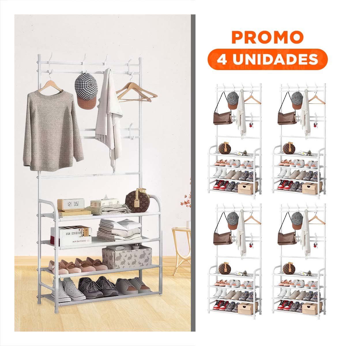 PACK4 MOBILIARIO DE CALZADO CON PERCHEROS CURVOS BLANCO PRACTICO - 1