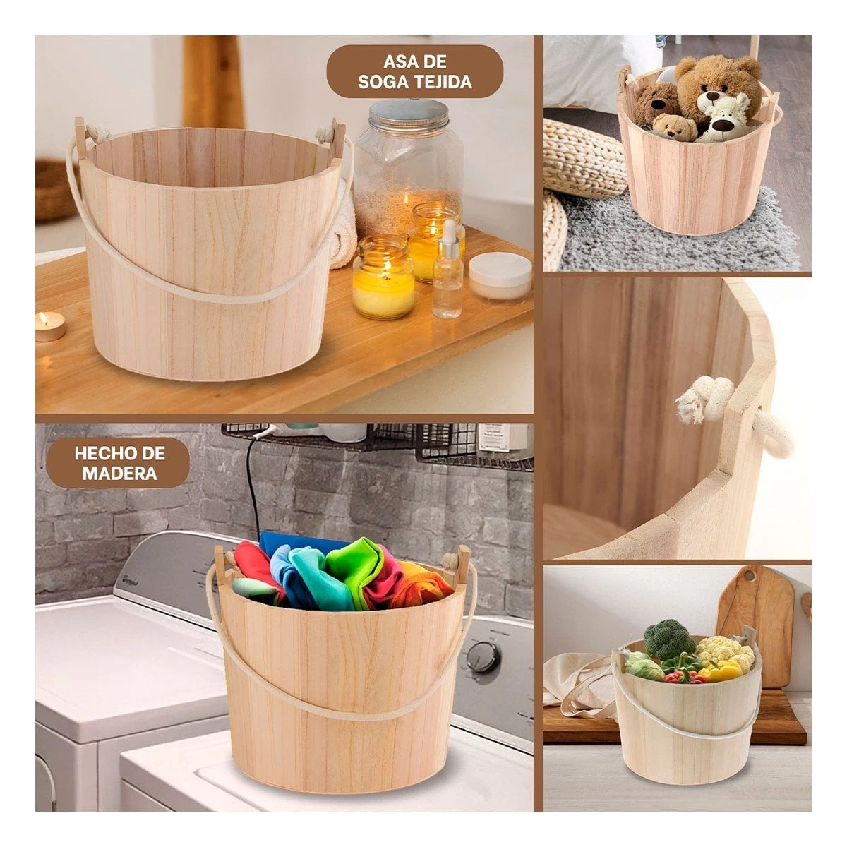 BALDE DE MADERA CON AGARRADERA DE CUERDA 24X20CM PARA DECORACION DE CASA - 2