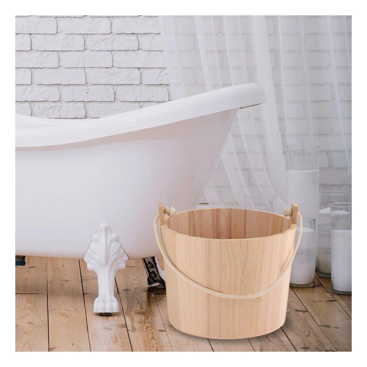 BALDE DE MADERA CON AGARRADERA DE CUERDA 24X20CM PARA DECORACION DE CASA - 3