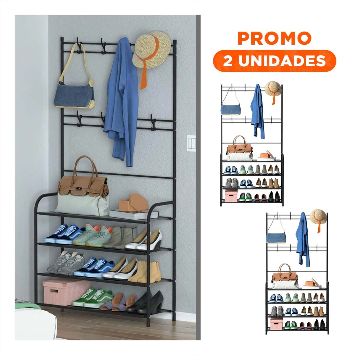 PACK2 ESTANTE ZAPATERA CURVA NEGRO CON PERCHEROS PARA DORMITORIO Y+REGALO STICKER - 1