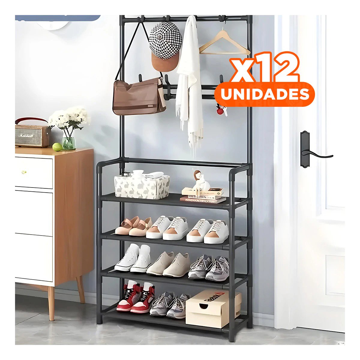 PACK12 ESTRUCTURA VERTICAL CON PERCHEROS RECTO NEGRO PARA CALZADO Y+REGALO STICKER - 1