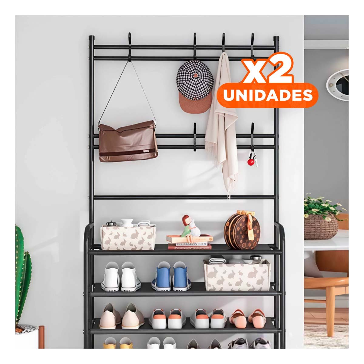 PACK2 ZAPATERA CON PERCHEROS CURVOS NEGRO PARA ORGANIZAR CALZADO Y ROPA - 1