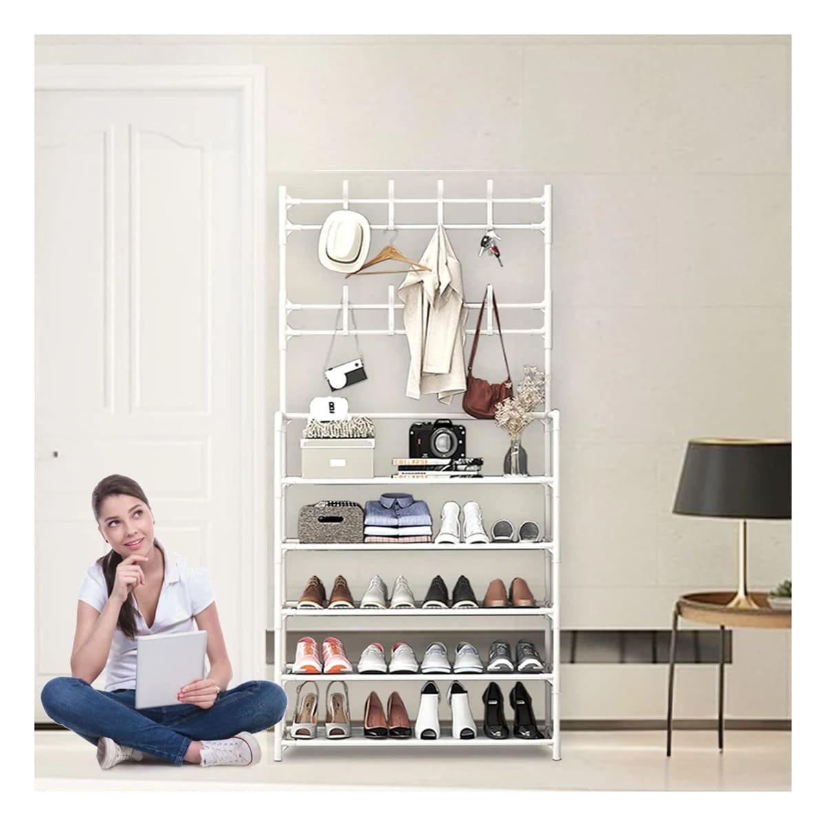 PACK2 MODULO ZAPATERO ORGANIZADOR CON PERCHEROS RECTO BLANCO PARA ESPACIOS DEL HOGAR - 3