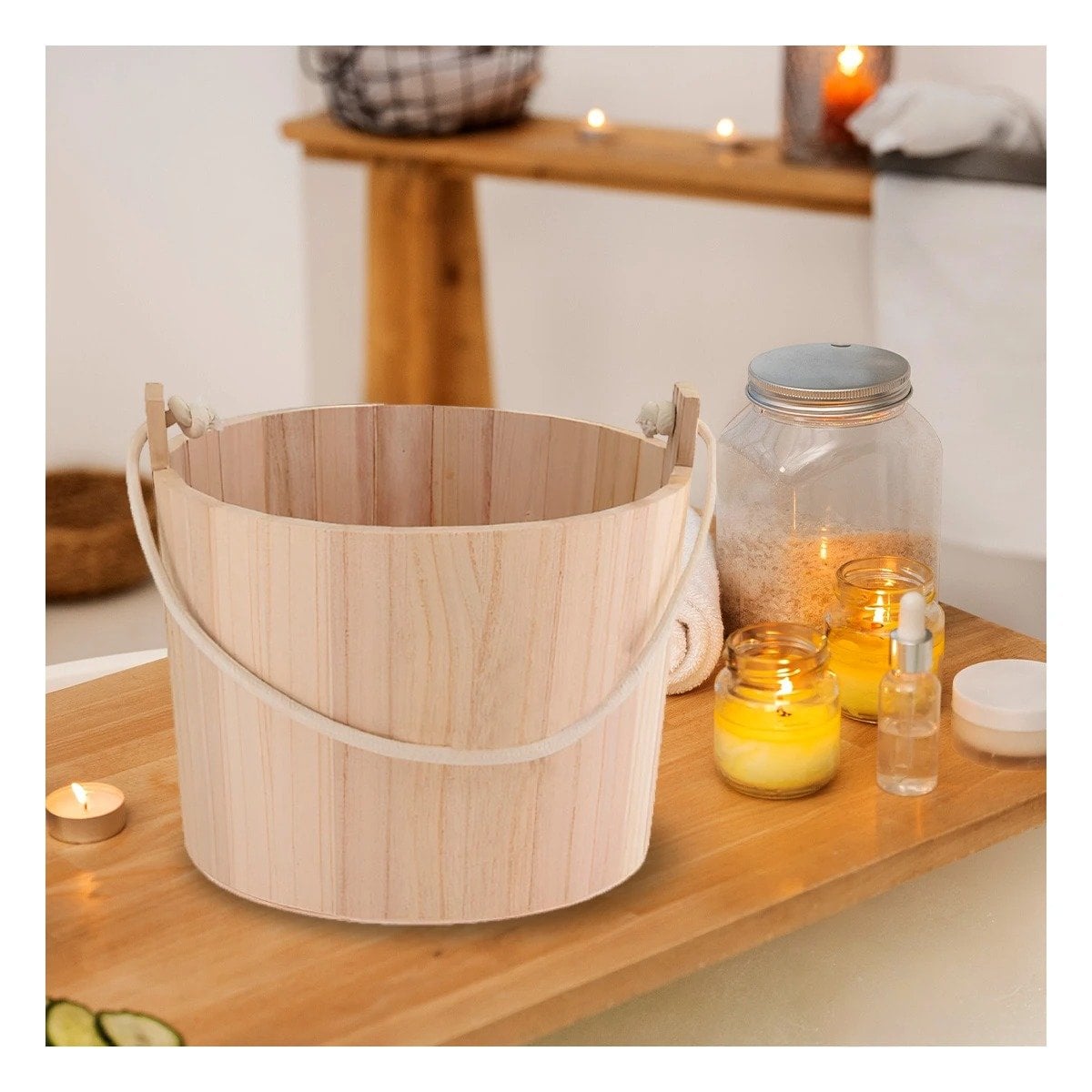 BALDE DE MADERA CON AGARRADERA DE CUERDA 20X18CM PARA DECORACION DE CASA - 1