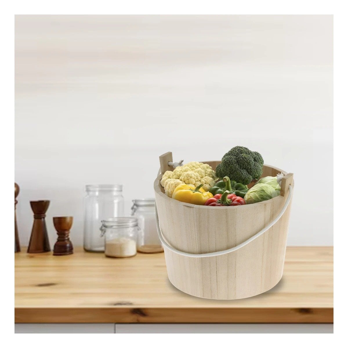 BALDE DE MADERA CON AGARRADERA DE CUERDA 20X18CM PARA DECORACION DE CASA - 5