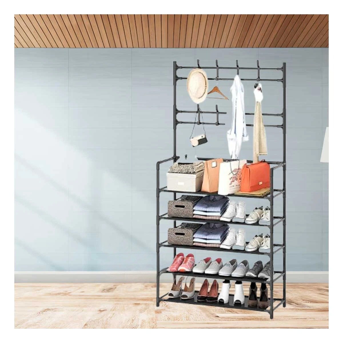 PACK12 ESTANTERIA CON PERCHEROS RECTO NEGRO PARA ORGANIZACION EN DORMITORIO Y+PAPEL REGALO - 2