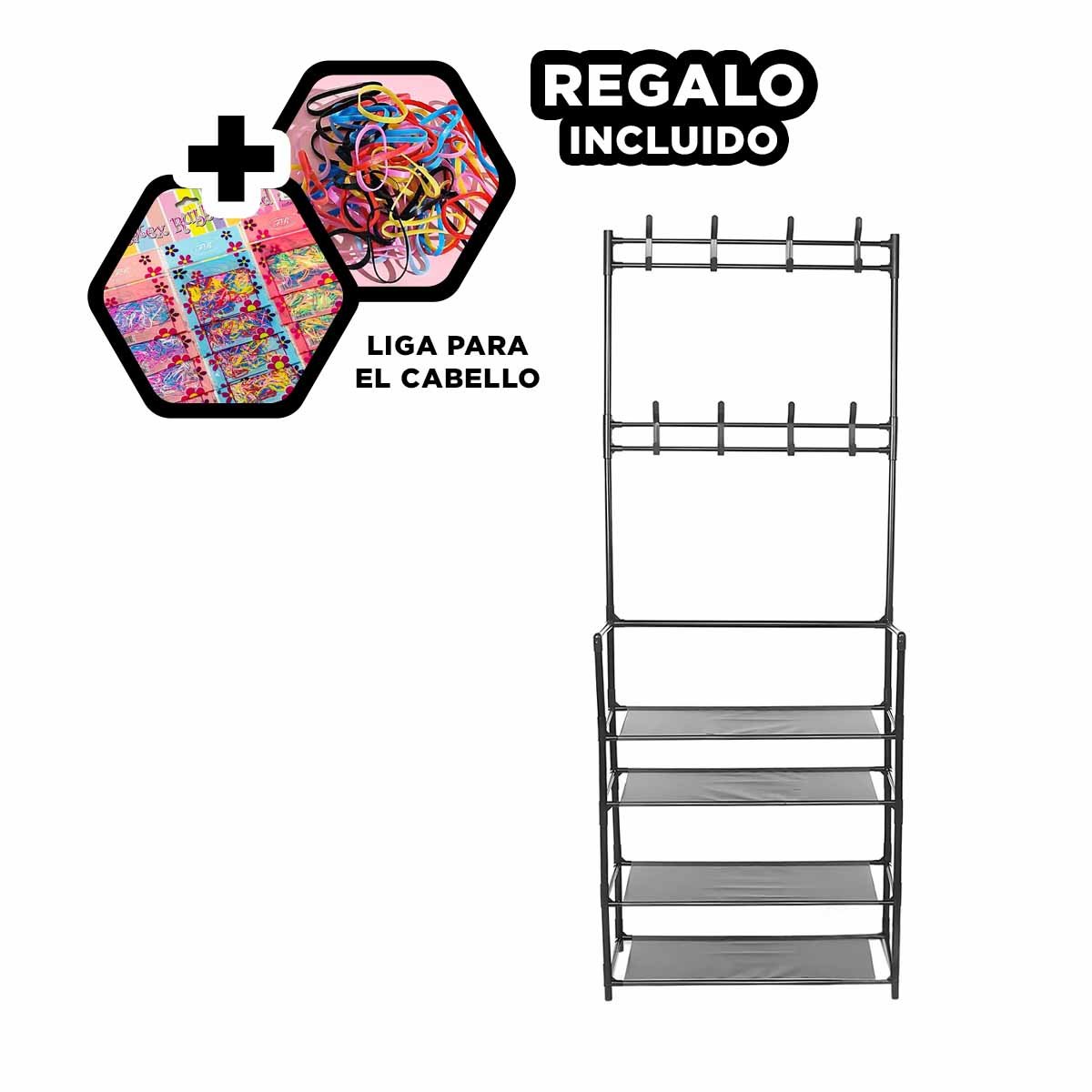 ESTANTE ZAPATERO CON PERCHEROS RECTO NEGRO PARA ORDEN DIARIO Y+LIGAS REGALO - 2