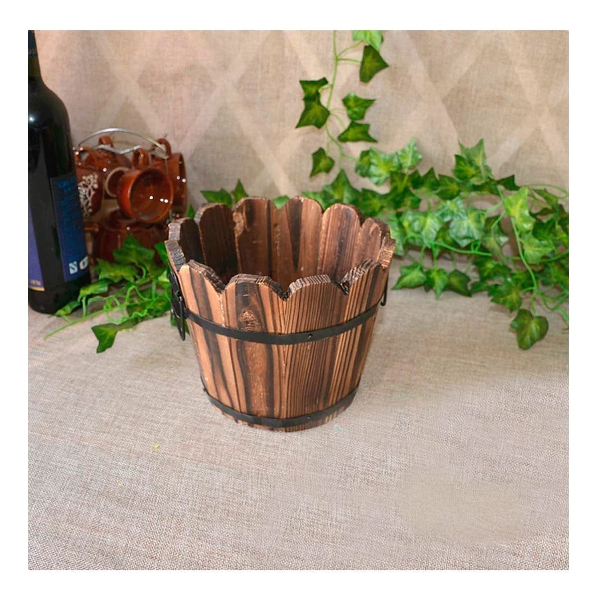 PACK2 PORTAMACETAS DECORATIVO DE MADERA BARRIL CON BORDE ONDEADO MARRON Y+PAPEL REGALO - 5