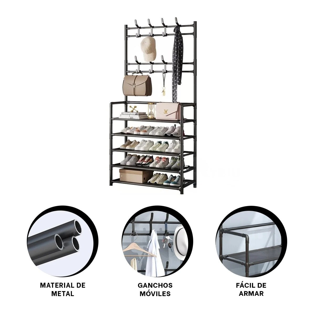 MUEBLE ORGANIZADOR CON PERCHEROS RECTO COLOR NEGRO PARA CASA Y DORMITORIO Y+PAPEL REGALO - 5