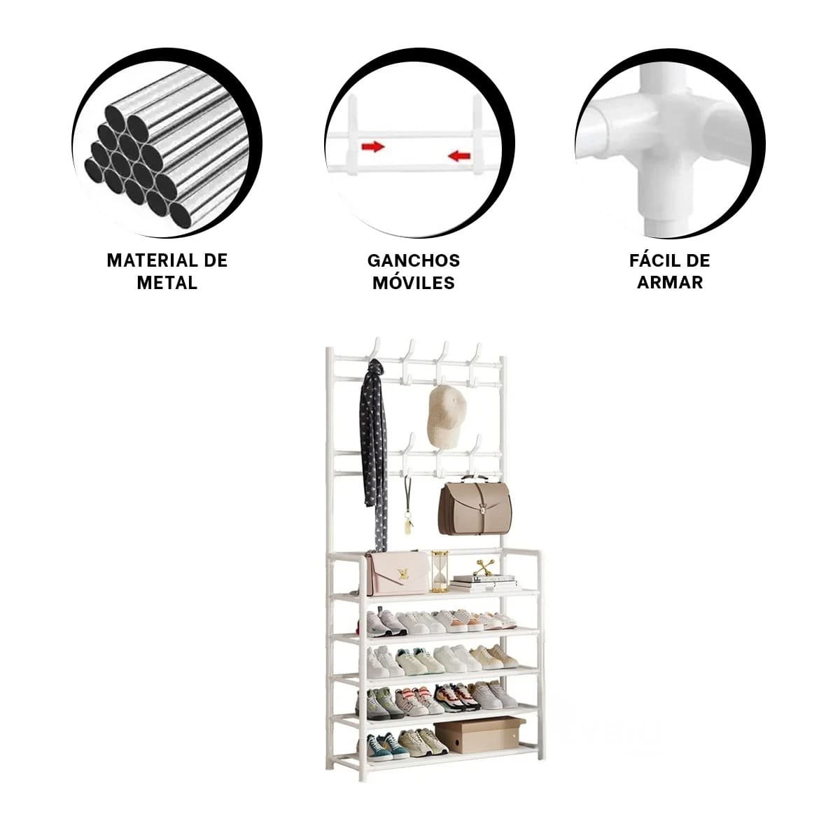 SOPORTE ZAPATERO ORGANIZADOR CON PERCHEROS RECTO BLANCO PARA ORDEN DEL HOGAR Y+POST IT - 5