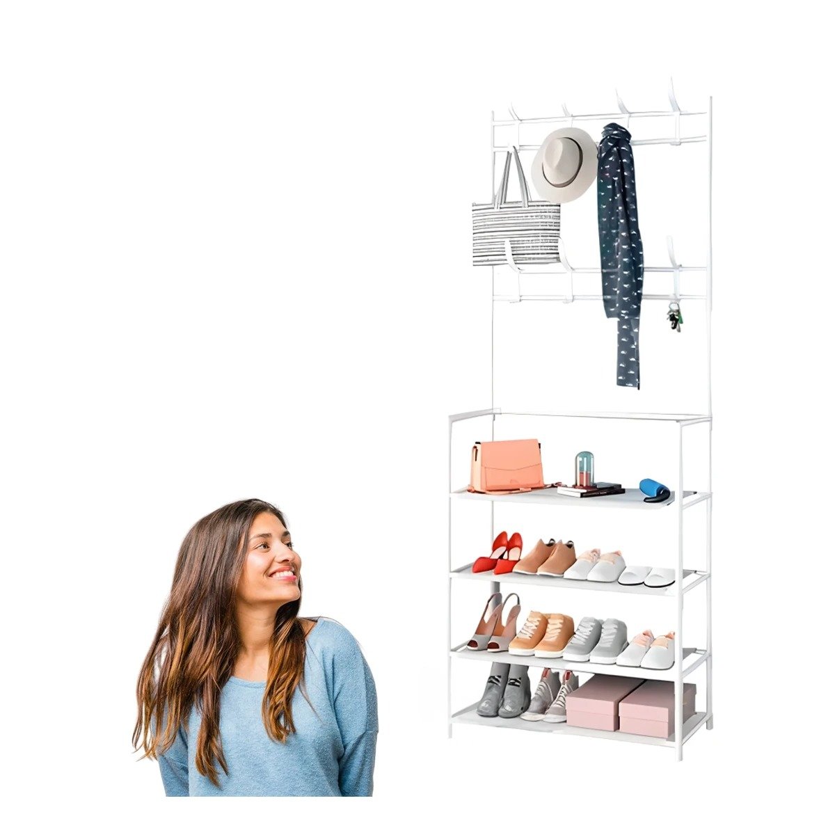 PACK2 ORGANIZADOR BLANCO DE ZAPATOS CON PERCHEROS RECTO PARA DORMITORIO Y+REGALO STICKER - 2