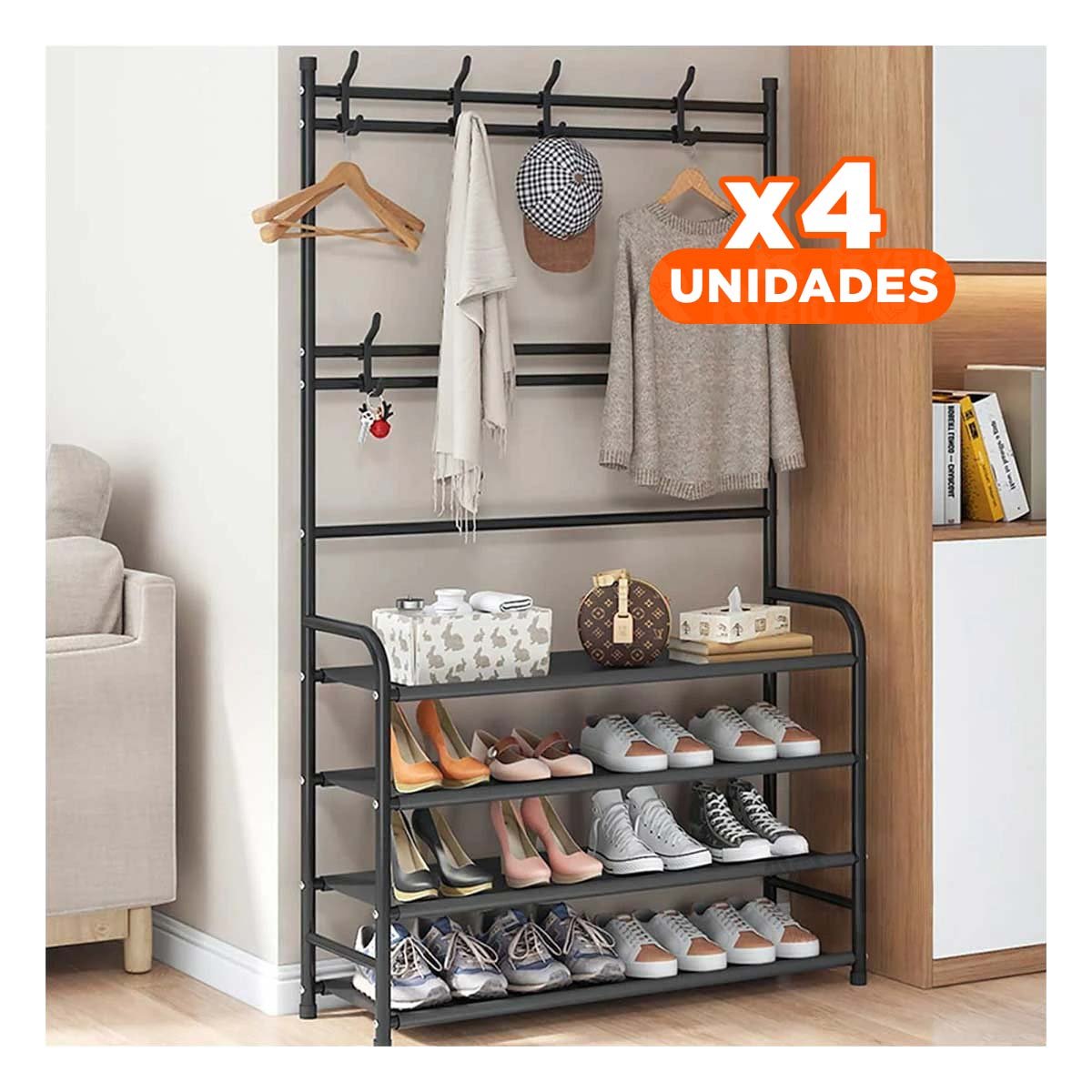PACK4 SOPORTE ZAPATERA CURVA CON PERCHEROS NEGRO PARA ENTRADA Y+PAPEL REGALO - 1