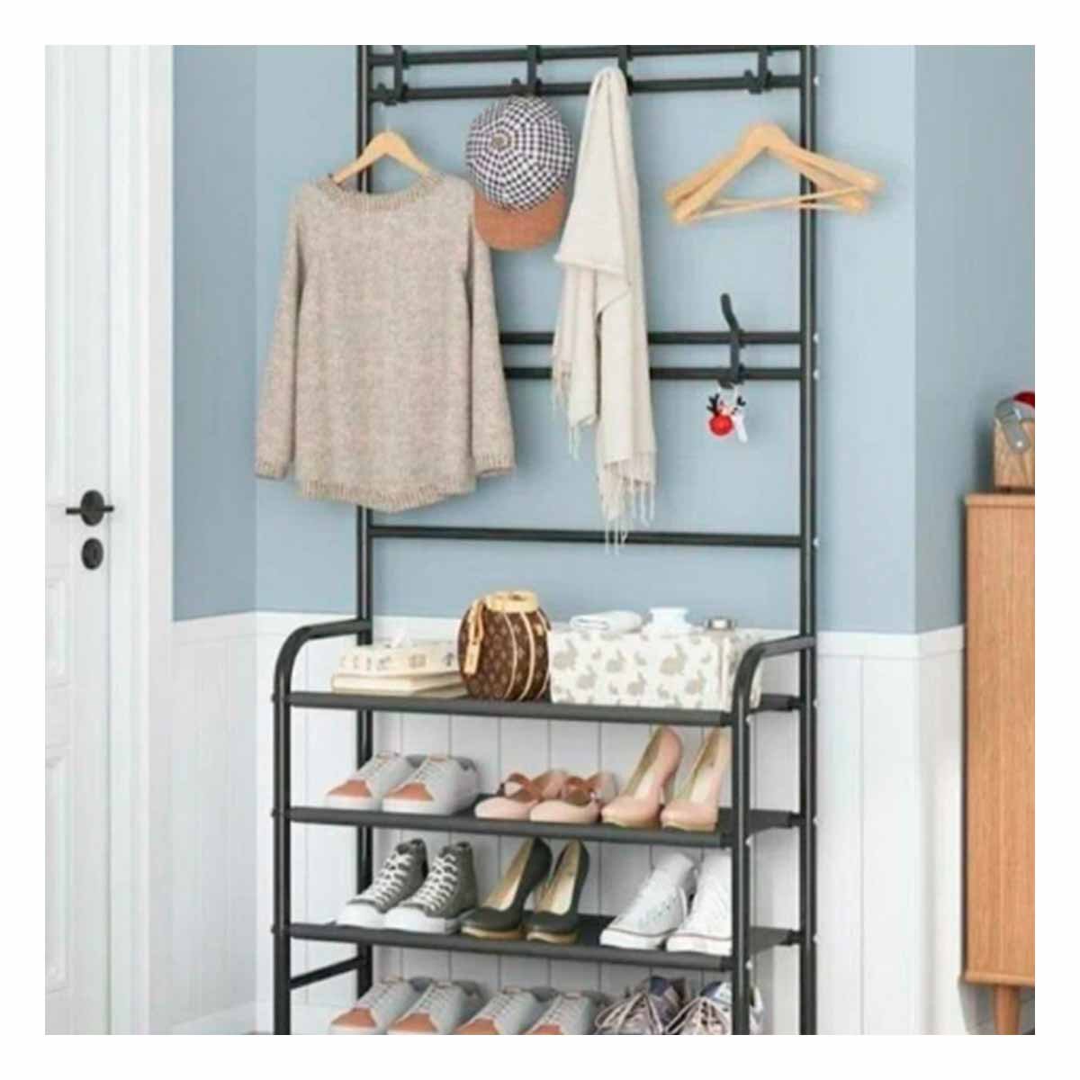PACK4 SOPORTE ZAPATERA CURVA CON PERCHEROS NEGRO PARA ENTRADA Y+PAPEL REGALO - 2