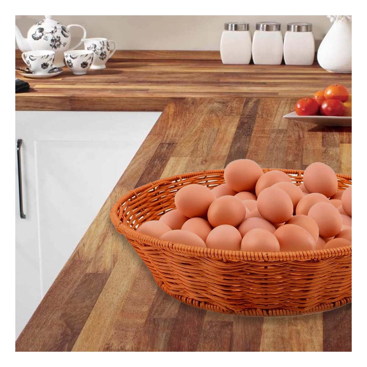 CESTA CIRCULAR DE PLASTICO TEJIDO PARA DECORACION HOGAR Y ORGANIZACION EN CASA - 5