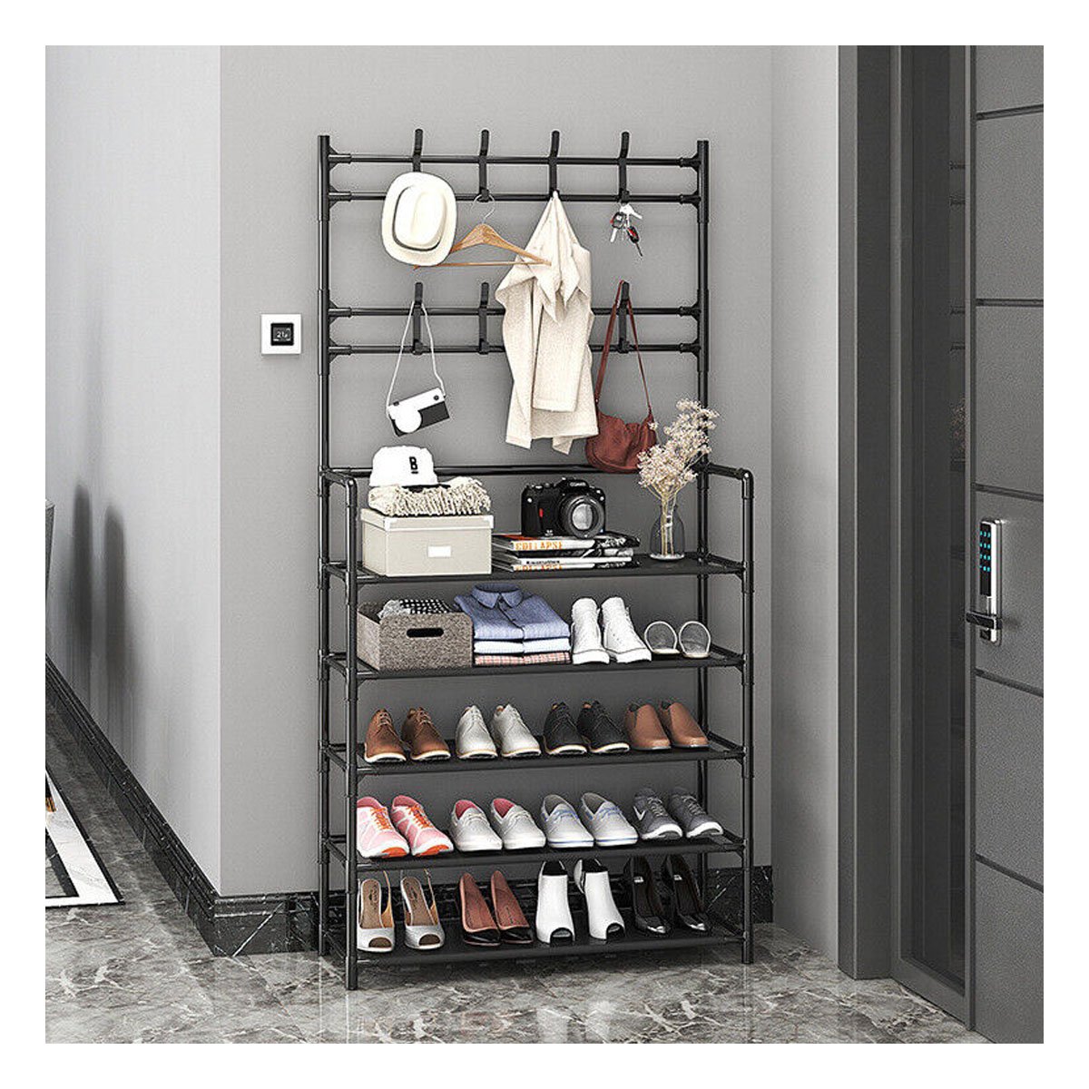 ZAPATERA ORGANIZADORA CON PERCHEROS RECTO COLOR NEGRO PARA HOGAR MODERNO - 4