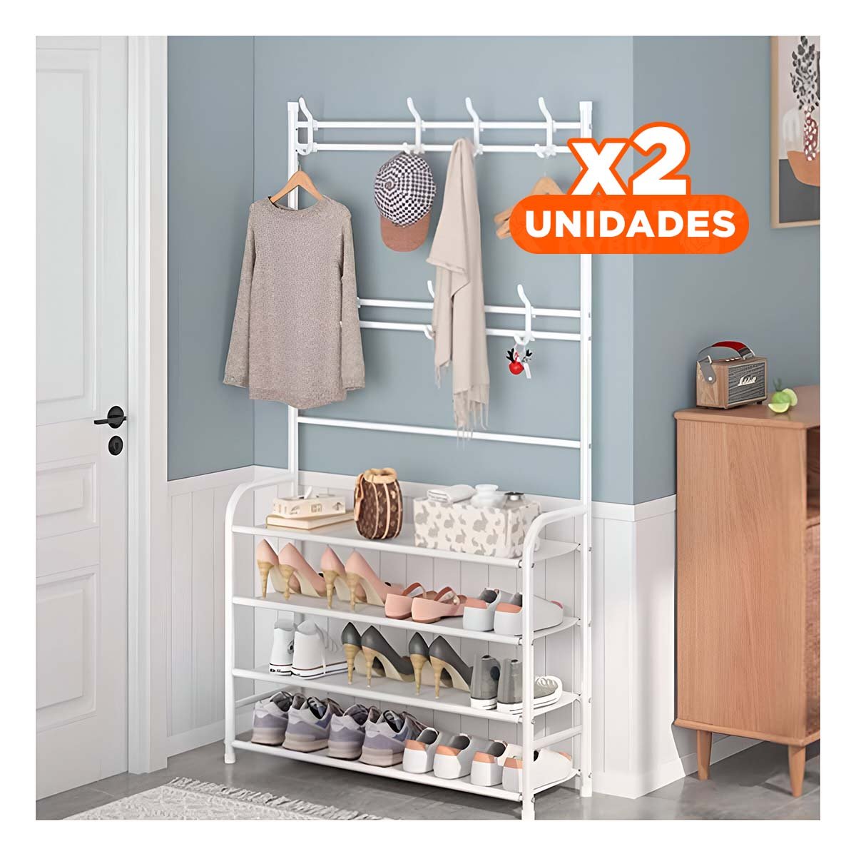PACK2 RACK DE ZAPATOS CON PERCHEROS CURVOS BLANCO PARA CASA - 1