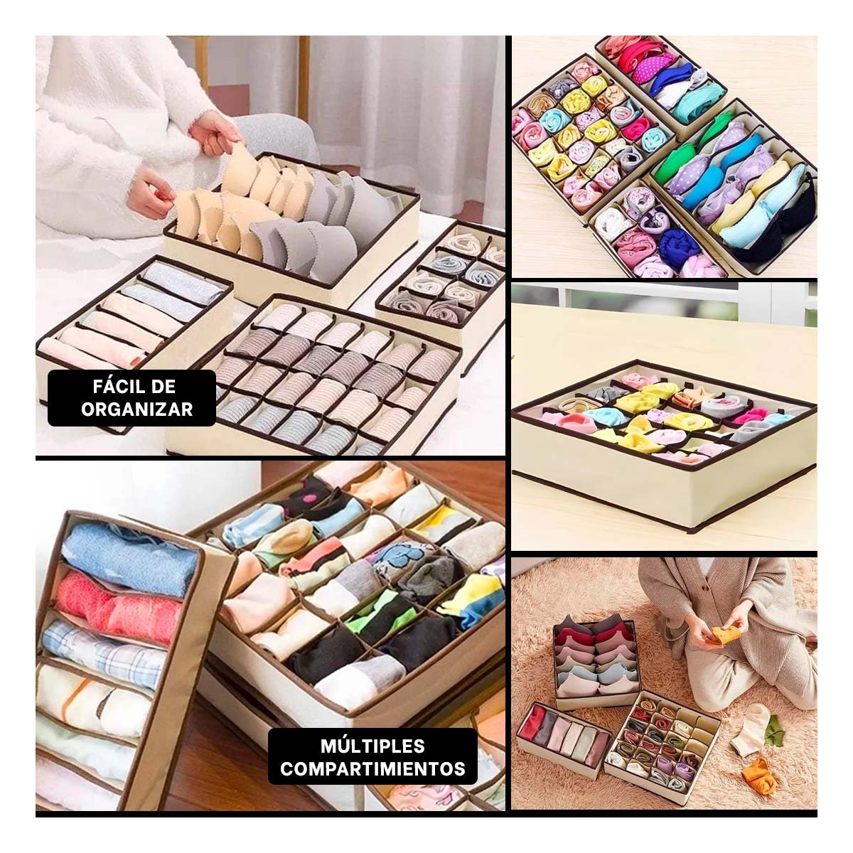 PACK6 ESTUCHE ORGANIZADORES DE CAJON PARA ROPA INTERIOR BEIGE CON BORDES MARRON Y+PAPEL REGALO - 3
