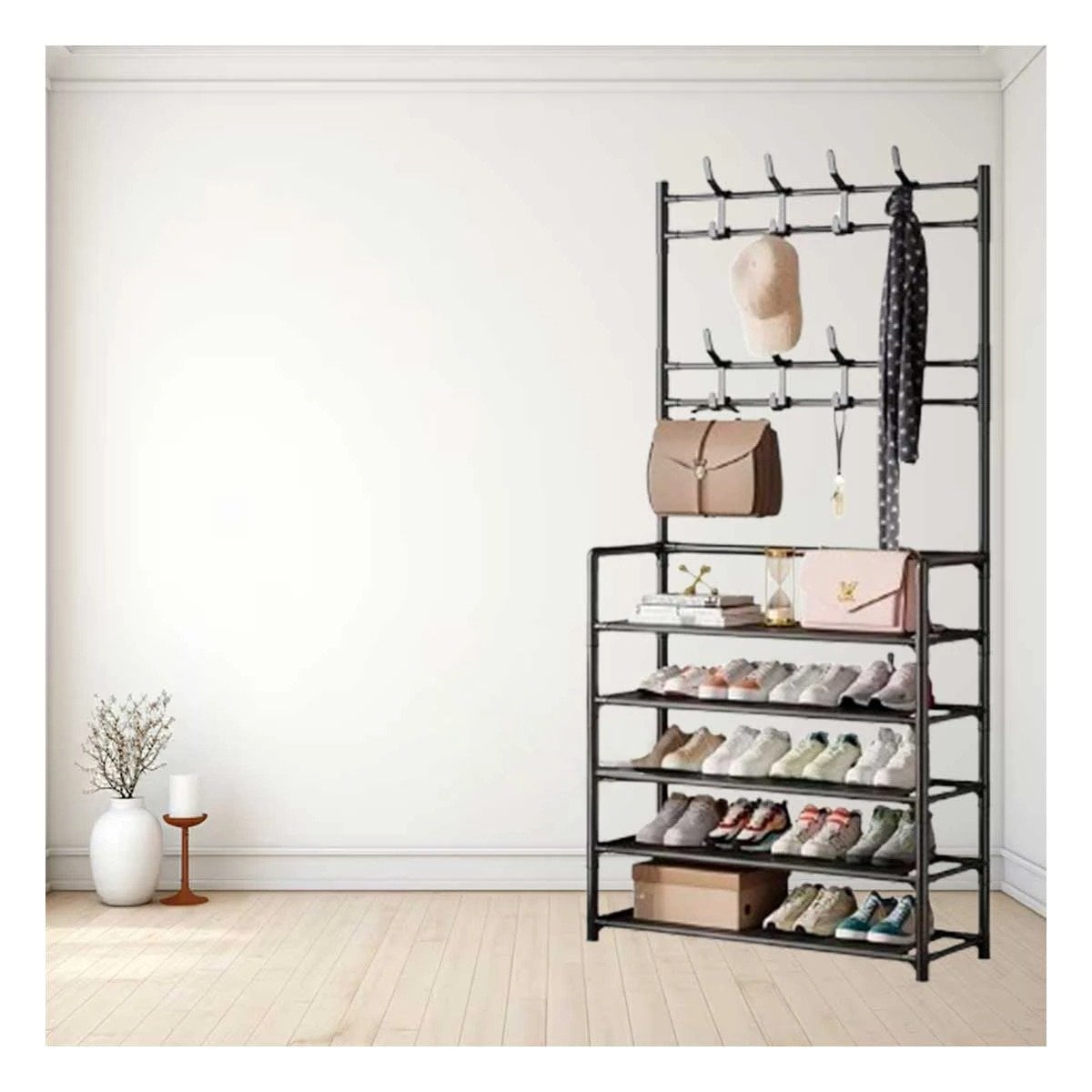 RACK ORGANIZADOR CON PERCHEROS RECTO COLOR NEGRO PARA ORDEN DIARIO EN HOGAR Y+POST IT - 1