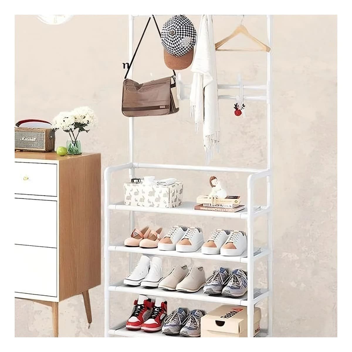 PACK6 MUEBLE RECTO ZAPATERO CON PERCHEROS BLANCO PARA ORGANIZACION DEL HOGAR - 3