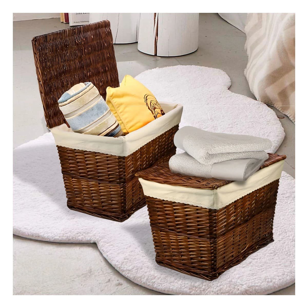 PACK2 CANASTA DECORATIVA DE MIMBRE RECTANGULAR CON FORRO INTERIOR Y TAPA MARRON - 5