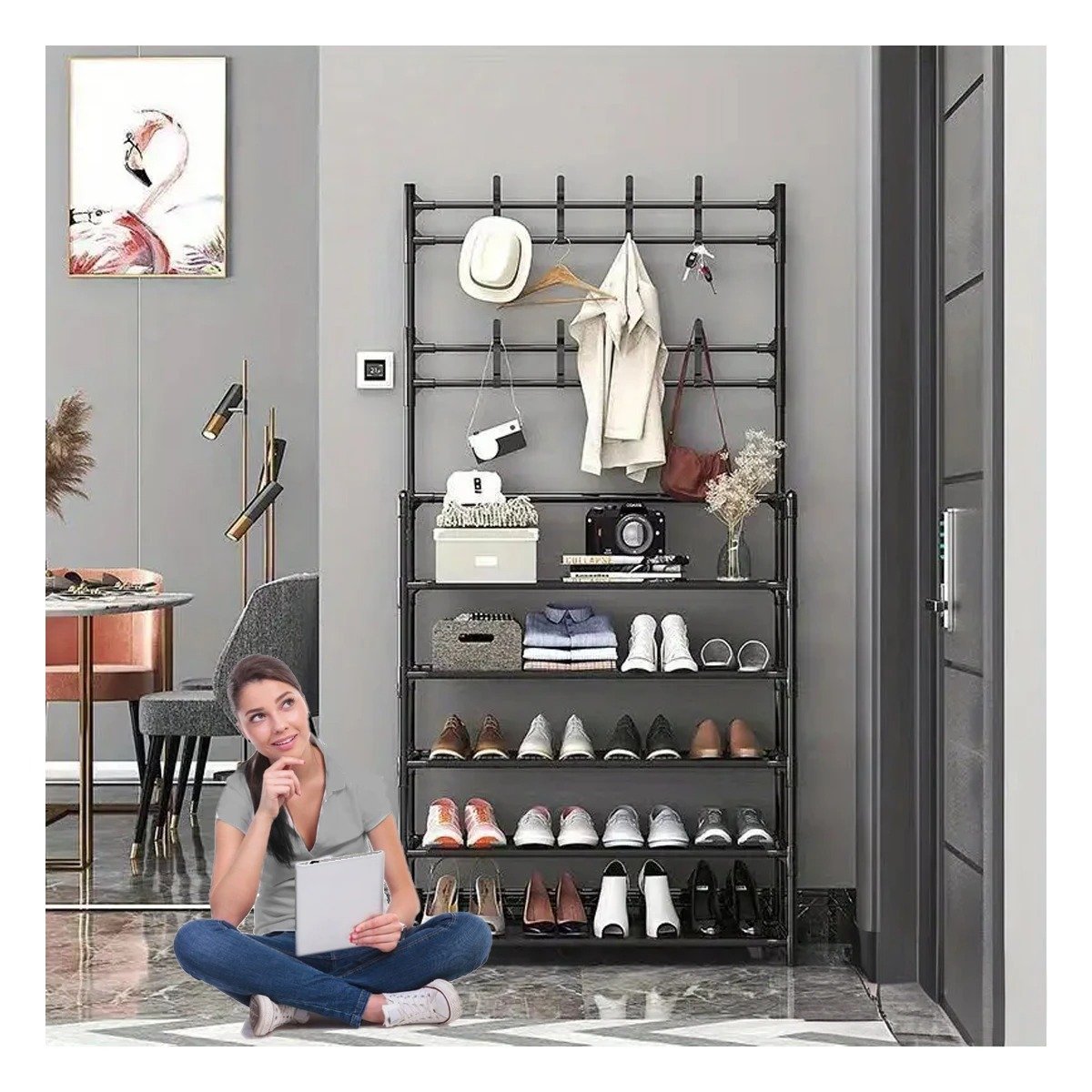 PACK6 MUEBLE RECTO CON PERCHEROS COLOR NEGRO PARA ESPACIOS PEQUENOS DEL HOGAR Y+REGALO STICKER - 5