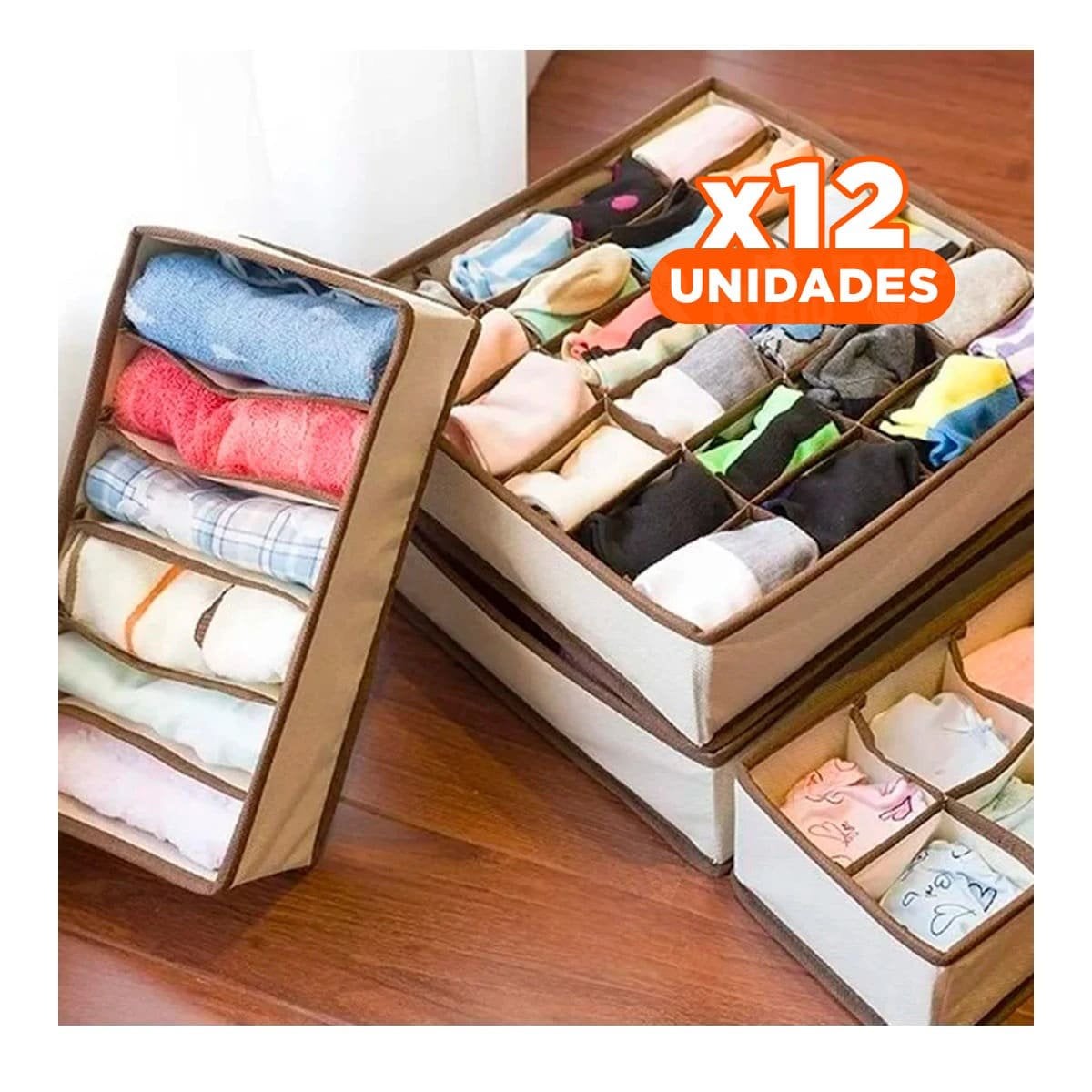 PACK12 UNIDAD DE CAJON PARA ROPA INTERIOR BEIGE CON BORDES MARRON Y+REGALO STICKER - 1