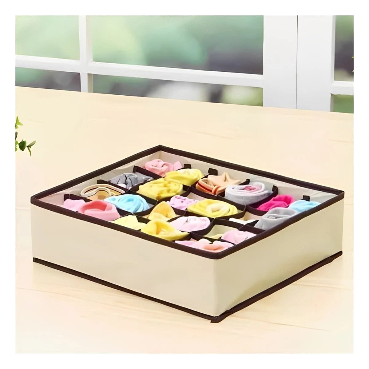 PACK12 UNIDAD DE CAJON PARA ROPA INTERIOR BEIGE CON BORDES MARRON Y+REGALO STICKER - 5