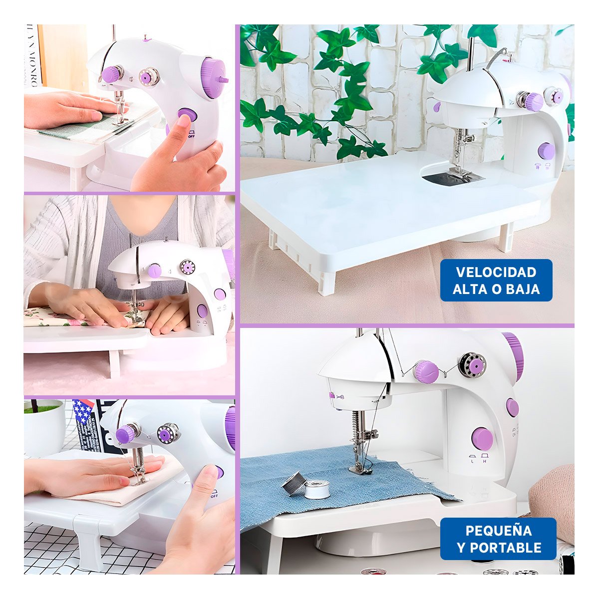 MAQUINA DE COSER PORTATIL CON MESA BLANCO DETALLES MORADOS FUNCIONALES Y+POST IT - 2