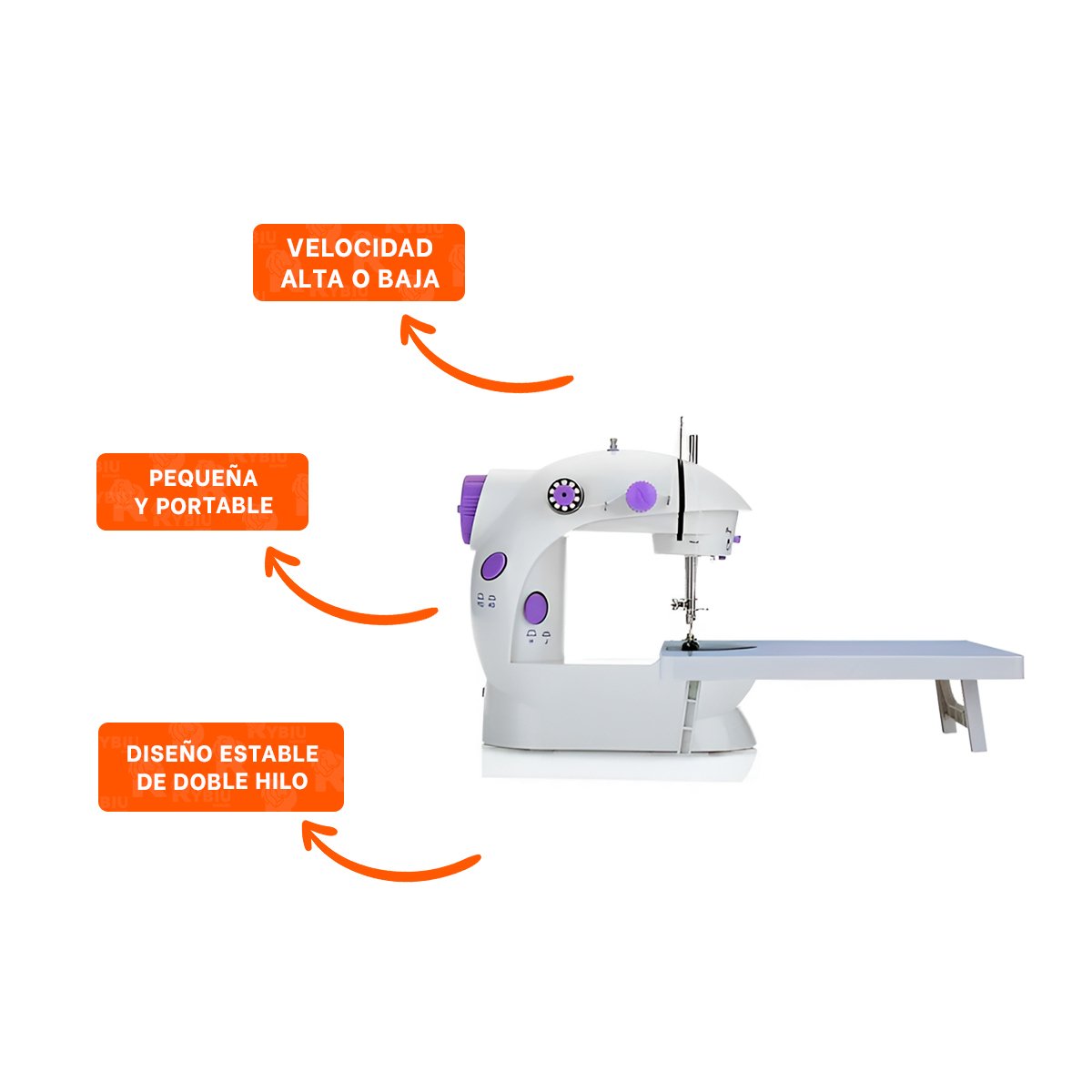 MAQUINA DE COSER PORTATIL CON MESA BLANCO DETALLES MORADOS FUNCIONALES Y+POST IT - 5