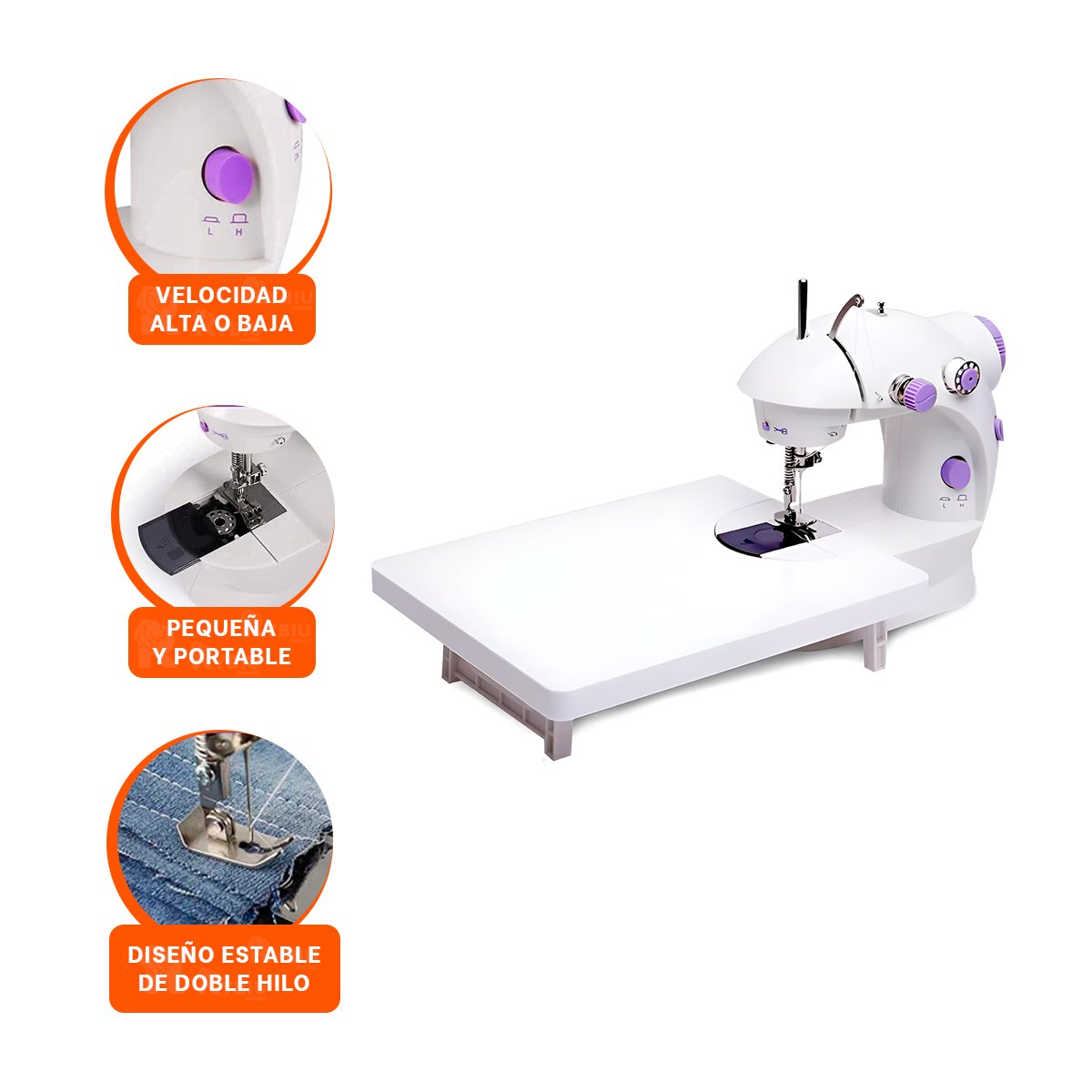 MAQUINA BLANCO DE COSER CON MESA PORTATIL Y DETALLES MORADOS COMPACTOS Y+PAPEL REGALO - 5