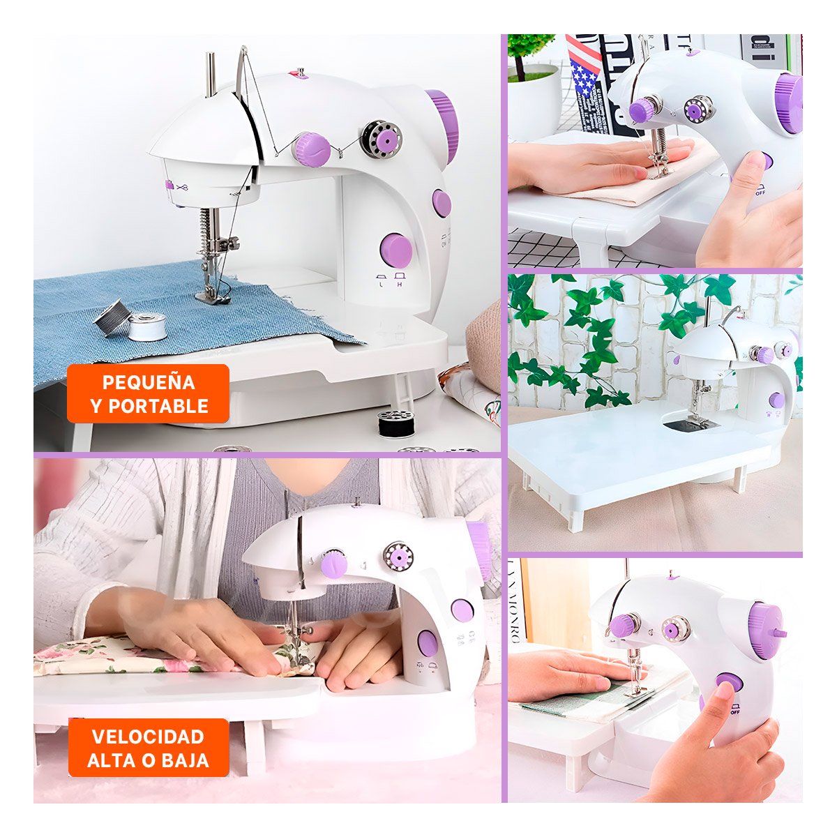 PACK6 COSEDORA PORTATIL DE COSER CON MESA EN BLANCO CON MORADO RESISTENTE Y+PAPEL REGALO - 3