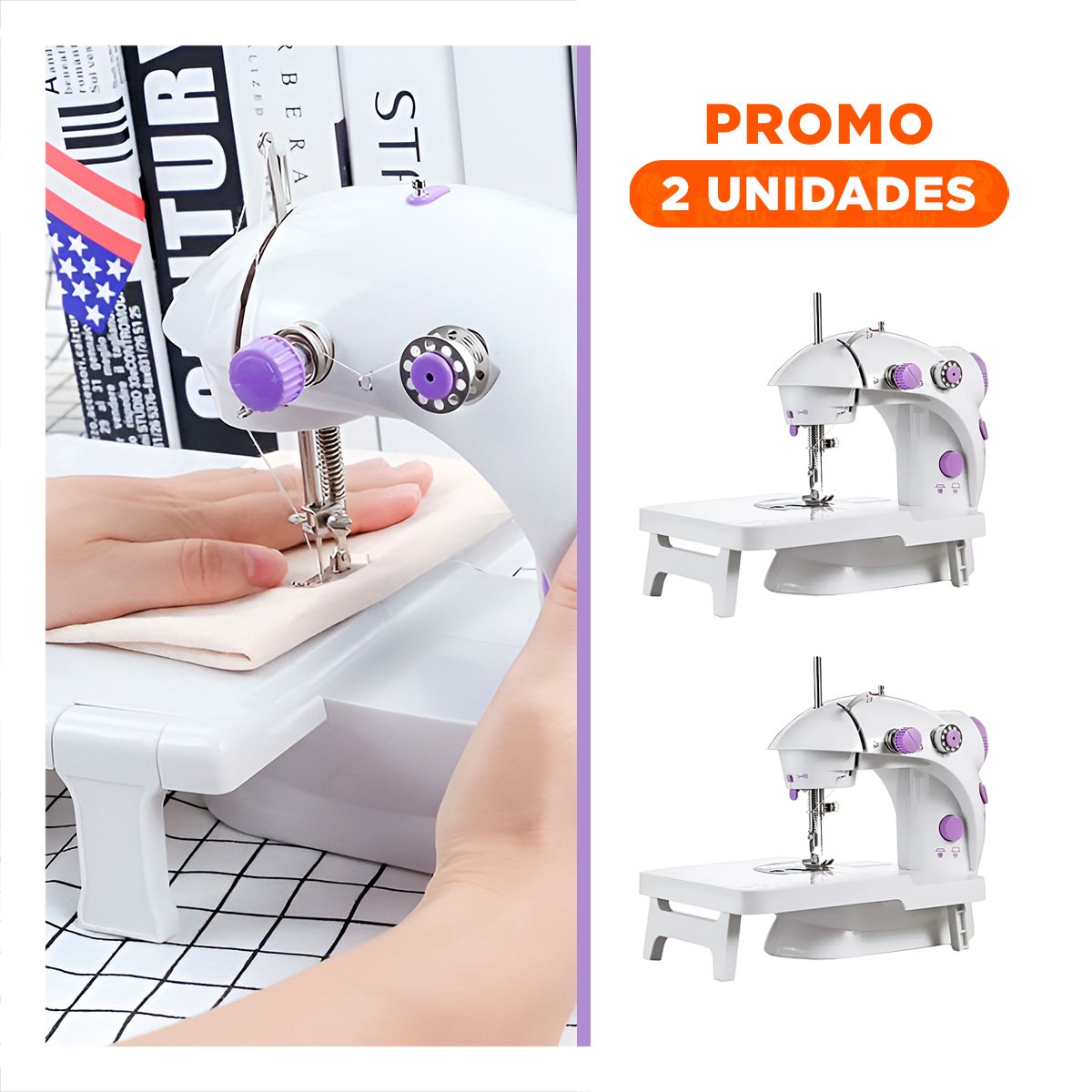 PACK2 EQUIPO PORTATIL DE COSER CON MESA EN BLANCO CON MORADO PRACTICO Y+REGALO STICKER - 1