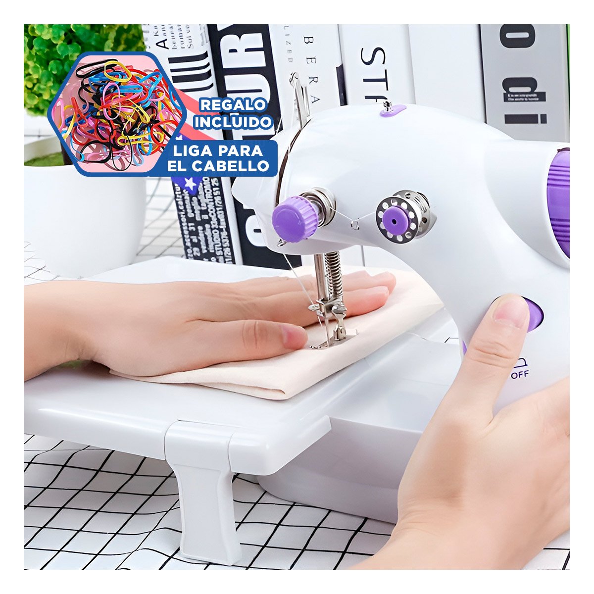 MAQUINA CON MESA PORTATIL DE COSER EN BLANCO CON TOQUES MORADOS ELEGANTES Y+LIGAS REGALO - 2