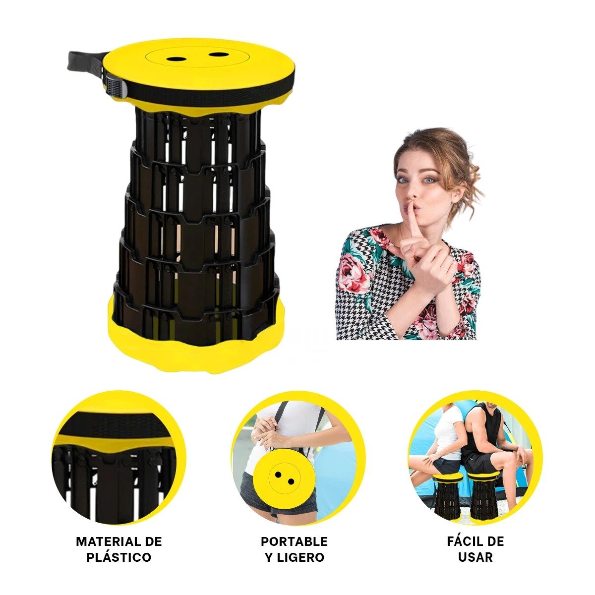 BUTACA PORTATIL CON DOBLE SEGURO PARA HOGAR Y EXTERIOR TAPA AMARILLO CENTRO NEGRO Y+POST IT - 5