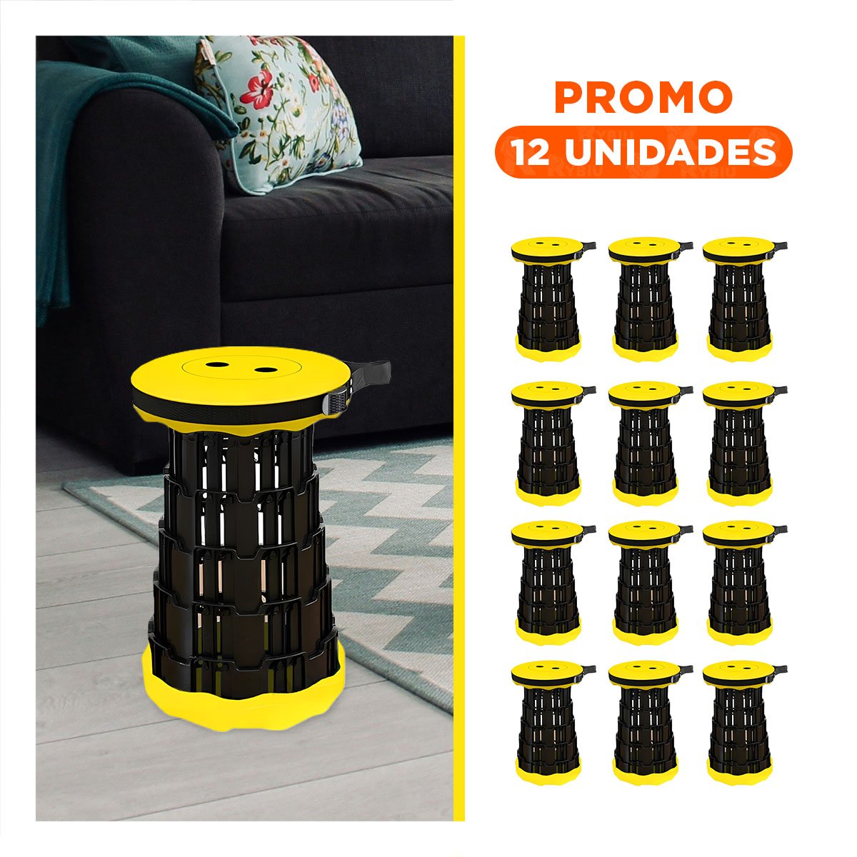 PACK12 ASIENTO PORTATIL CON DOBLE SEGURO PARA EXTERIOR TAPA AMARILLO CENTRO NEGRO - 1