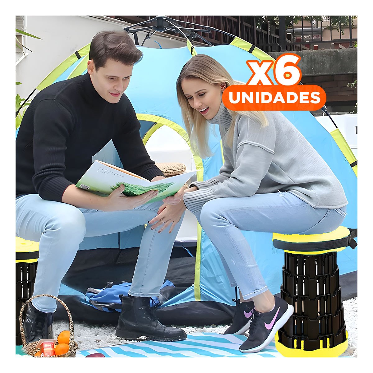 PACK6 ASIENTO PORTATIL CON DOBLE SEGURO PARA EXTERIOR TAPA AMARILLO CENTRO NEGRO Y+PAPEL REGALO - 1