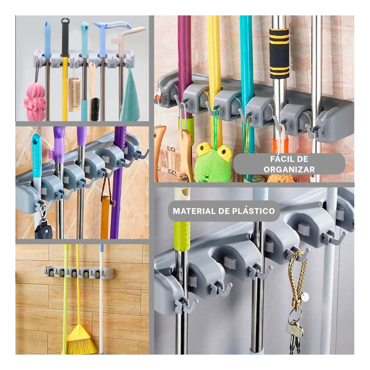 SOPORTE ORGANIZADOR DE ESCOBAS CON 5 ESPACIOS PARA HOGAR COLOR PLOMO - 2