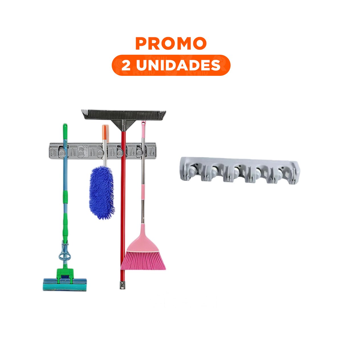 PACK2 ACCESORIO ORGANIZADOR DE ESCOBAS CON 5 ESPACIOS PARA PARED EN CASA PLOMO Y+REGALO STICKER - 1