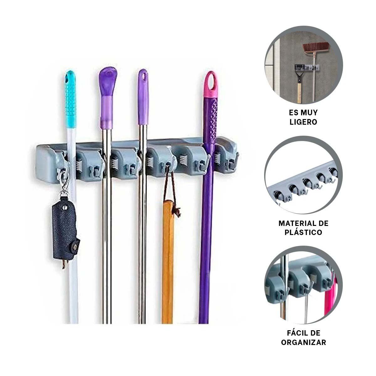 PERCHERO ORGANIZADOR DE ESCOBAS CON 5 ESPACIOS PARA PARED HOGAR PLOMO Y+POST IT - 5