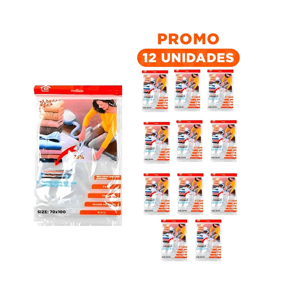 PACK12 FUNDA AL VACIO ANARANJADA 70X100CM PARA ALMACENAJE DE ROPA HOGAR - 1
