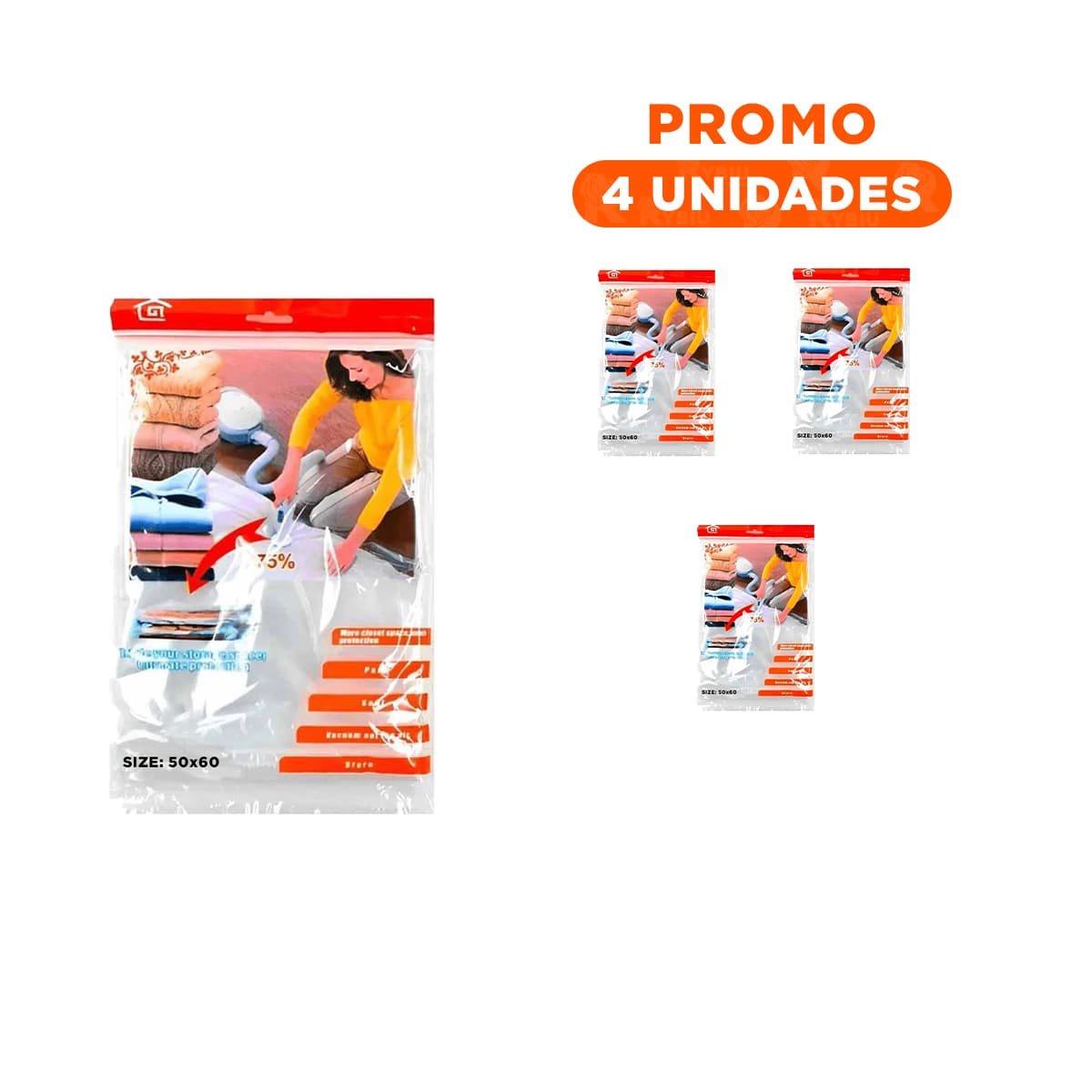 PACK4 BOLSA ORGANIZADORA HOGAR 50 X 60 CM COLOR ANARANJADO PARA AHORRO DE ESPACIO - 1