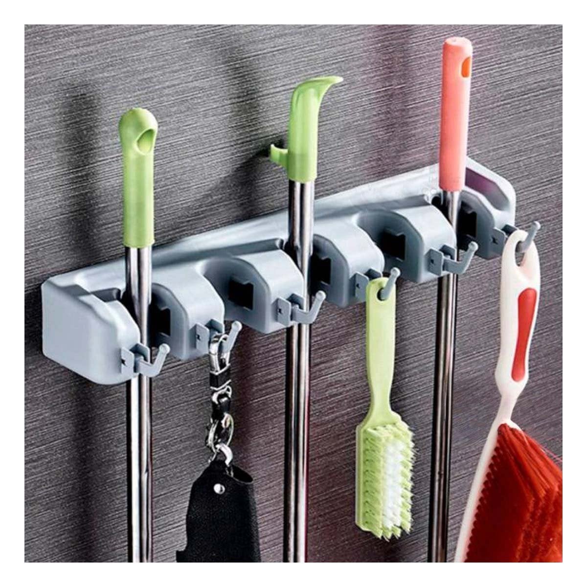 PORTAESCOBAS ORGANIZADOR DE PARED CON 5 ESPACIOS PARA CASA COLOR PLOMO Y+PAPEL REGALO - 1