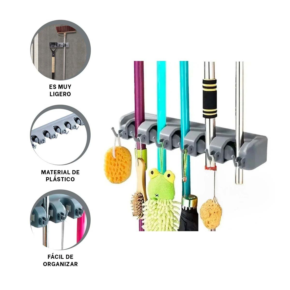 PORTAESCOBAS ORGANIZADOR DE PARED CON 5 ESPACIOS PARA CASA COLOR PLOMO Y+PAPEL REGALO - 5