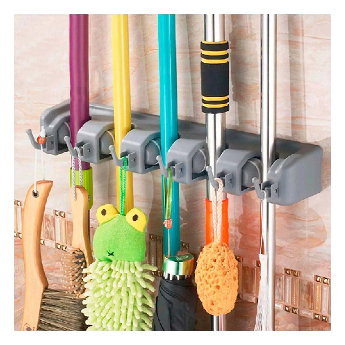 PACK4 SOPORTE DE PARED PARA ESCOBAS CON 5 ESPACIOS PARA ORGANIZAR HOGAR PLOMO - 2